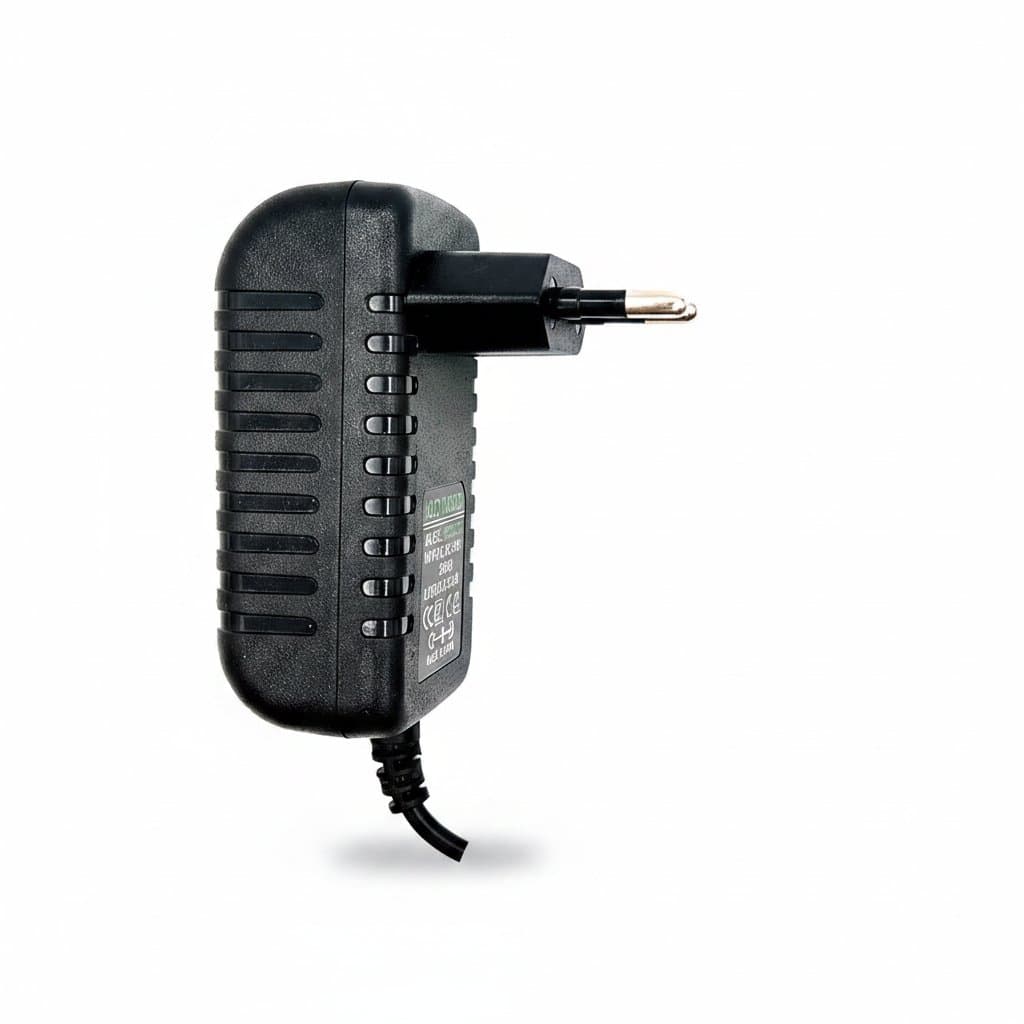 Waterproof Power Adapter with EU Plug, 12V 2A output for CCTV cameras, NVR, DVR, and routers, with universal AC input.