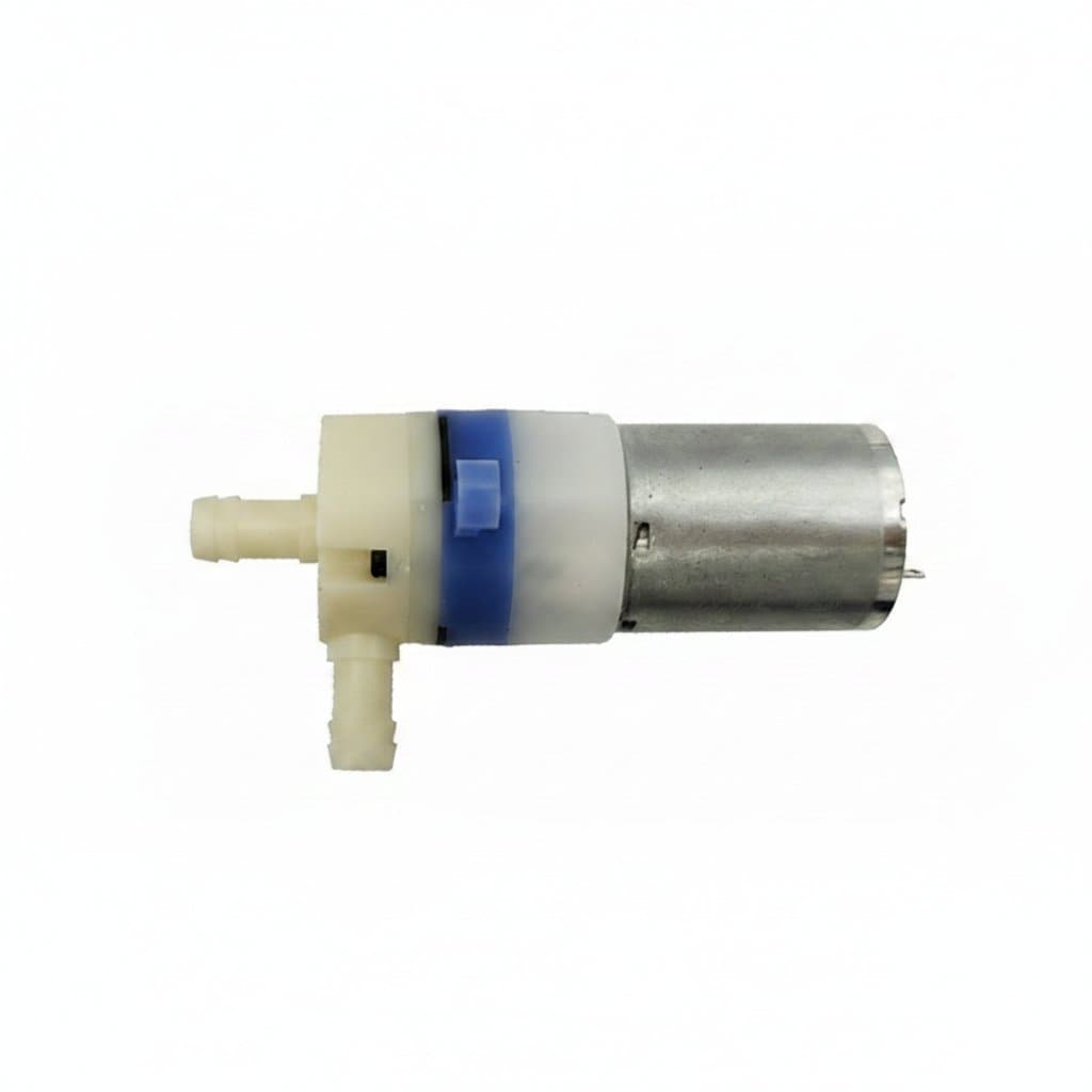 A compact 12V DC 370 water pump motor, ideal for drinking water systems, offers low noise and a consistent water flow.