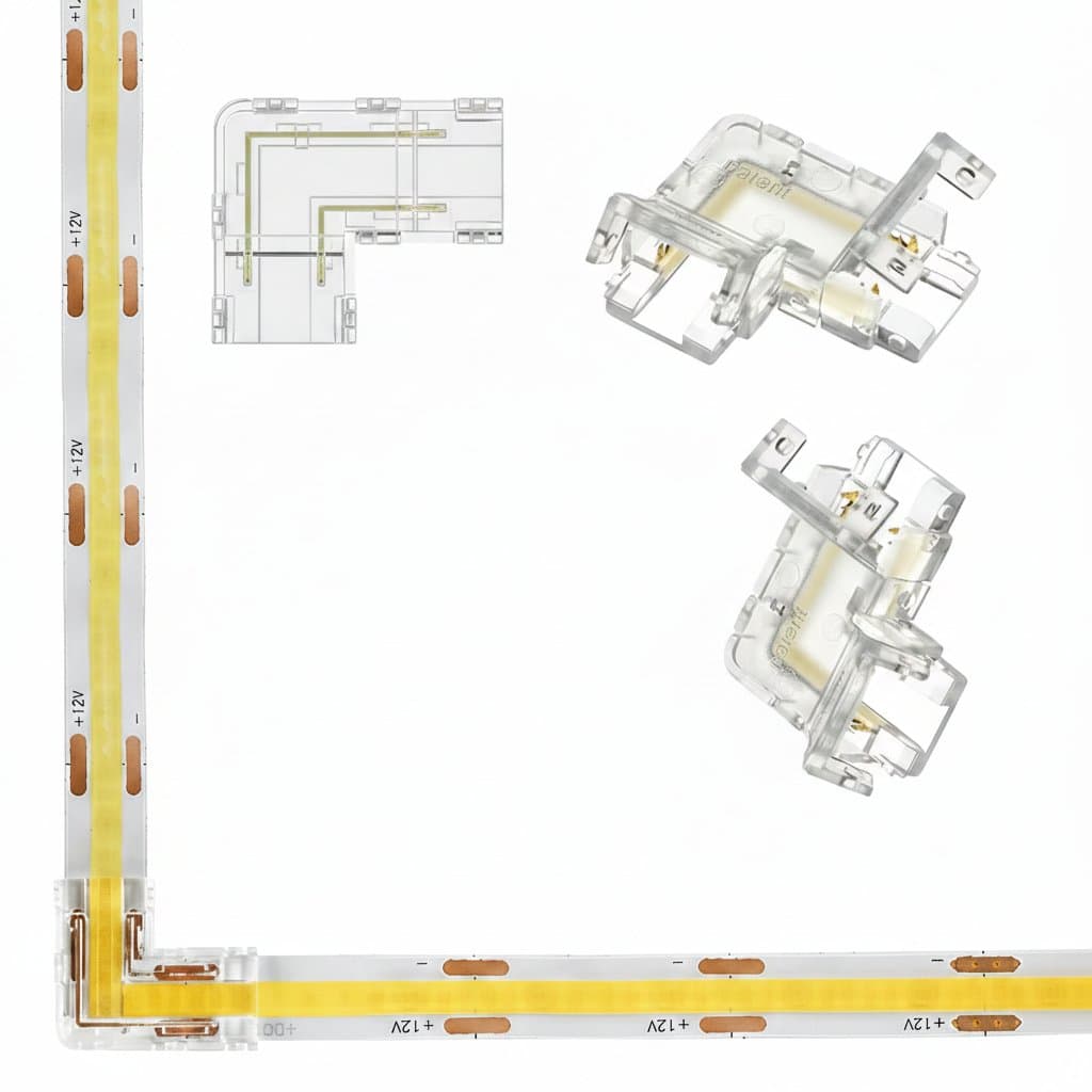 L-shaped solderless corner connector for 2-pin COB LED strip lights, showing 8mm and 10mm size options for easy right-angle installation.