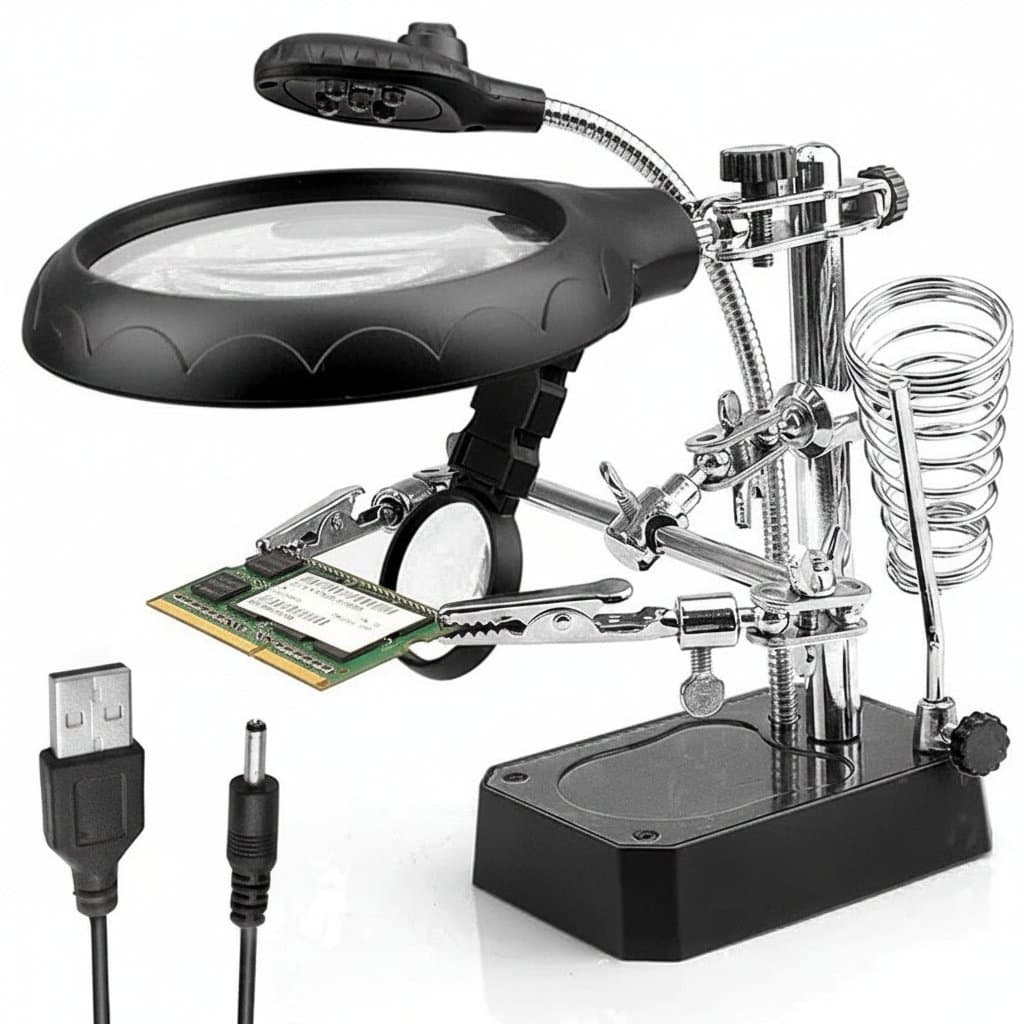 Professional illuminated soldering station with iron stand, magnifying glass, LED light, and helping hand clamps for electronics repair.