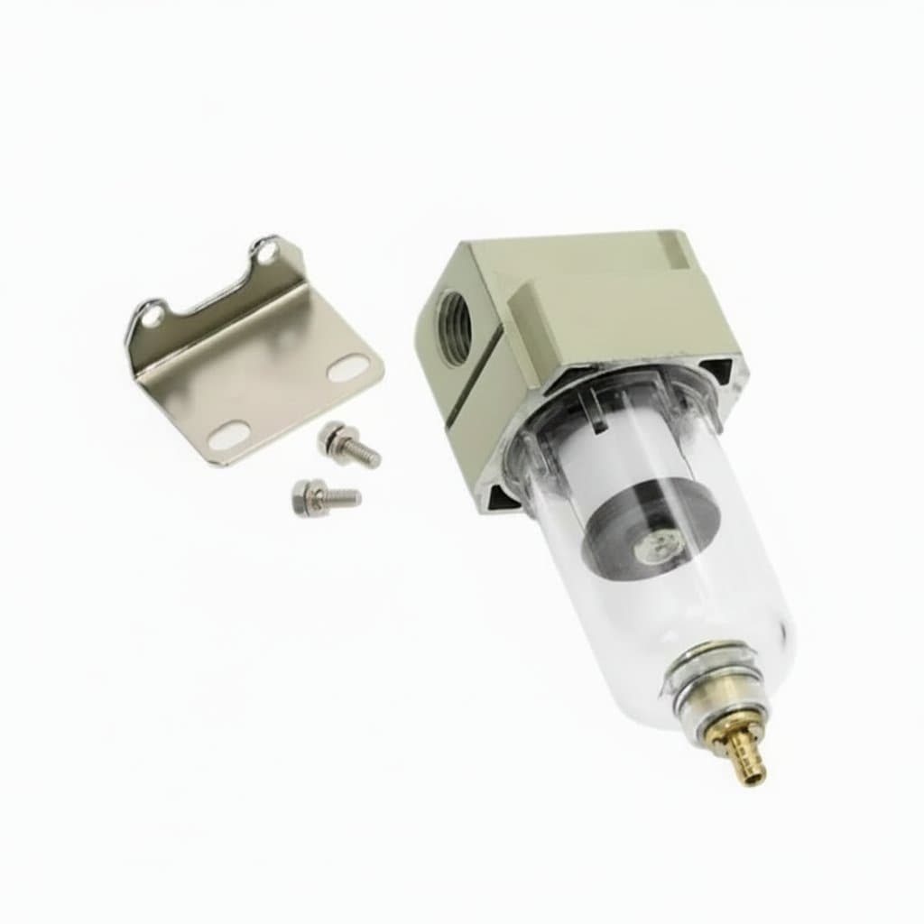 AF2000-02 copper filter air pump oil water separator for pneumatic systems, with brass fittings and pressure gauge.