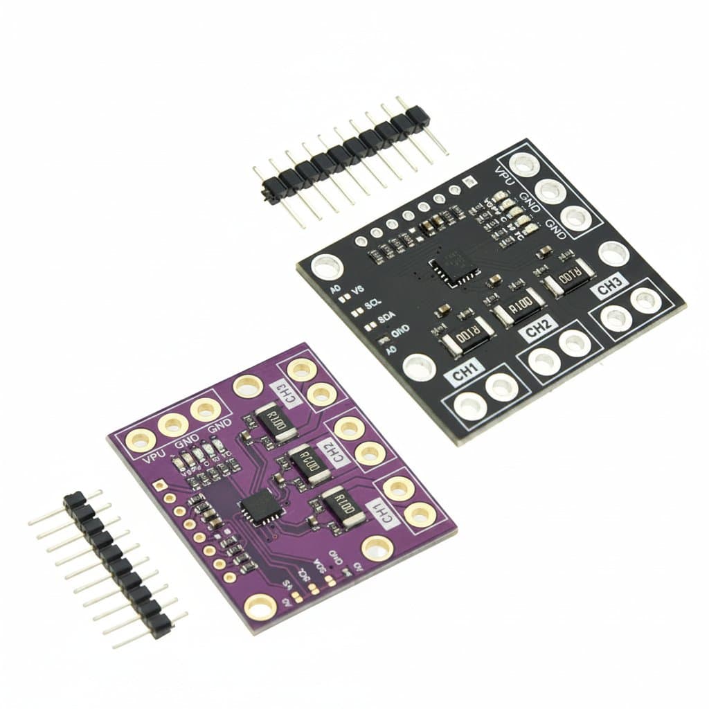 INA3221 triple-channel current and voltage sensor module with pins, a high-precision shunt monitor for power supply analysis.