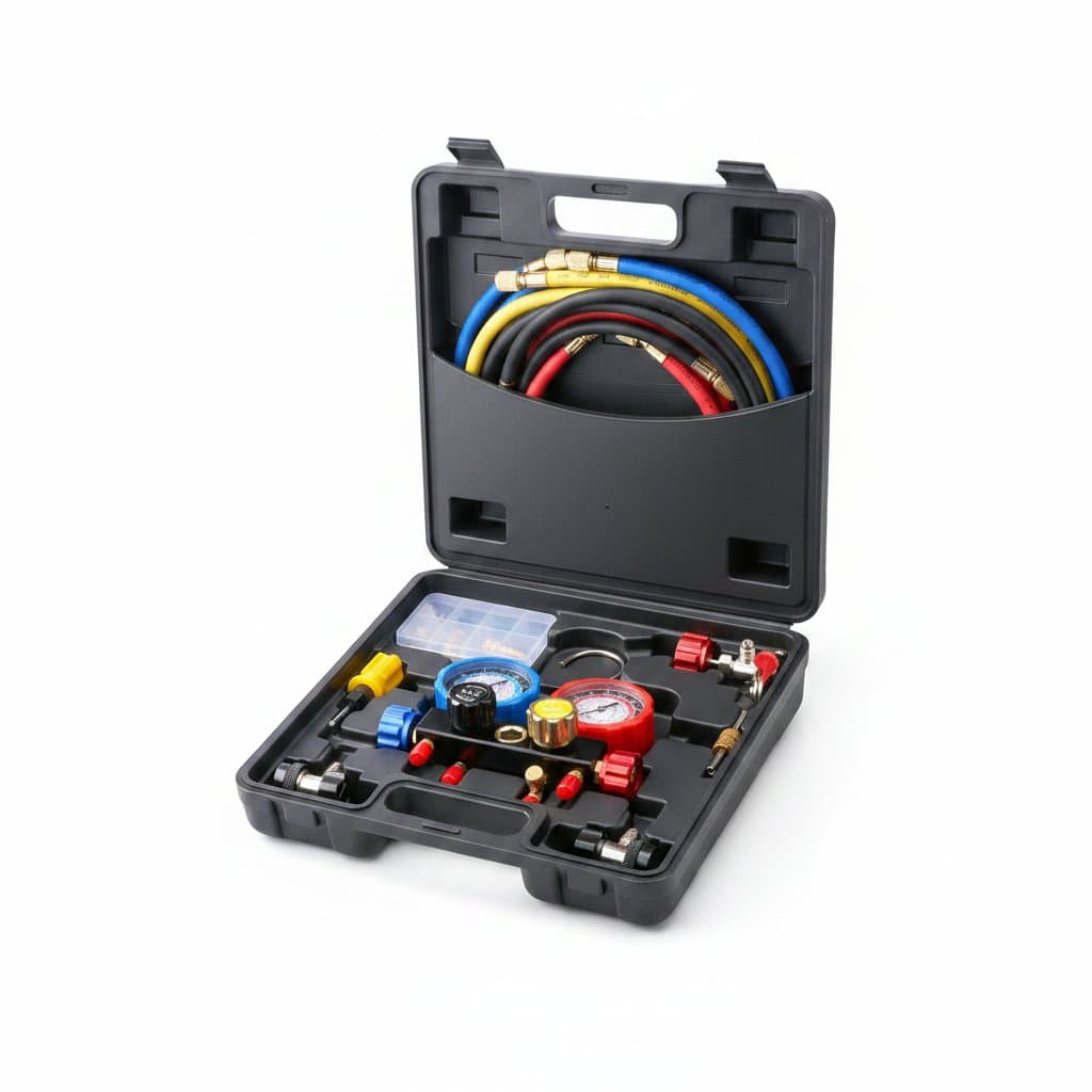 AC Manifold Gauge Set | 4-Way Valve & 5ft Hoses | For R134A, R22, R12, R410A Systems - Professional Grade Tool