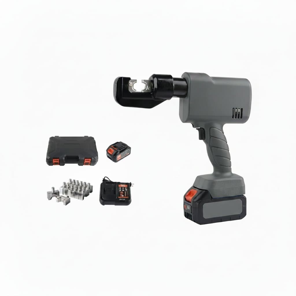 Portable rechargeable hydraulic crimping pliers, a professional electric tool for secure electrical connections with a compact, battery-powered design.
