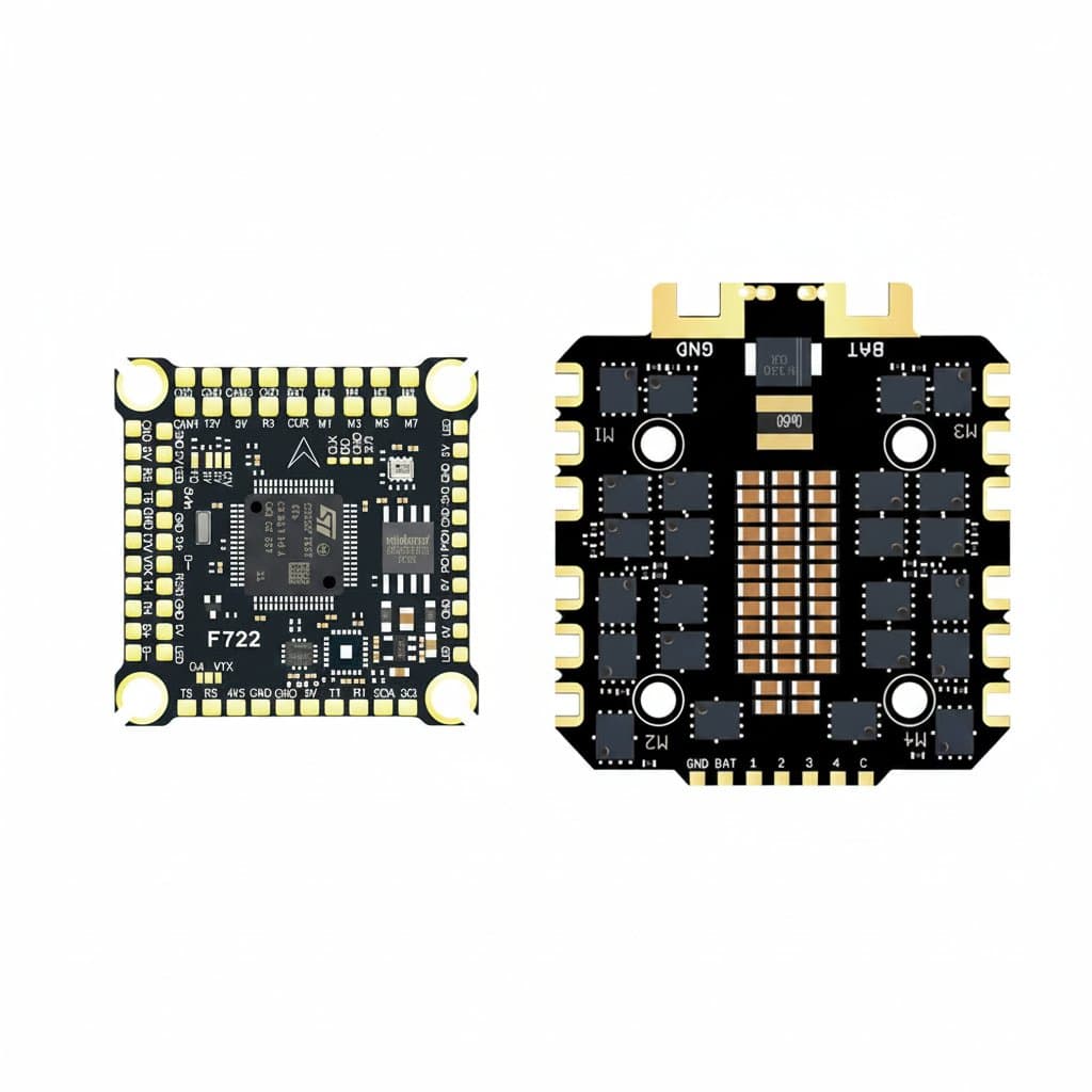 DAKEFPV F722 flight control stack with 100A-120A 4-in-1 ESC, supporting 3-12S batteries, featuring ICM42688 gyro for FPV racing drones.