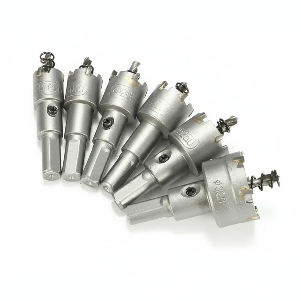 6-piece steel carbide-tipped hole saw set with 16mm to 32mm drilling crowns for metal and wood, includes alloy cutter and arbor.