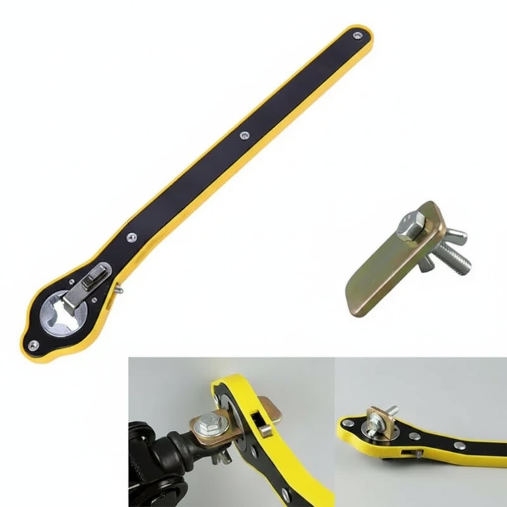 Scissor Jack Lift Car and wrench in a collage showing product and its use.