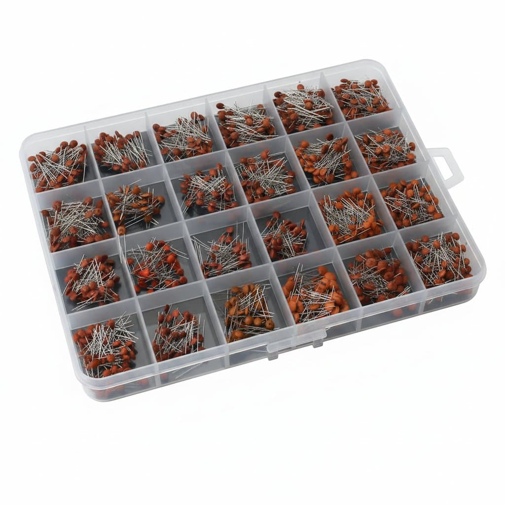 Capacitor sample kit with 0201, 0402, 0603, 0805, and 1206 SMD sizes, includes values from 1nf to 22uf, each value 50 pieces.