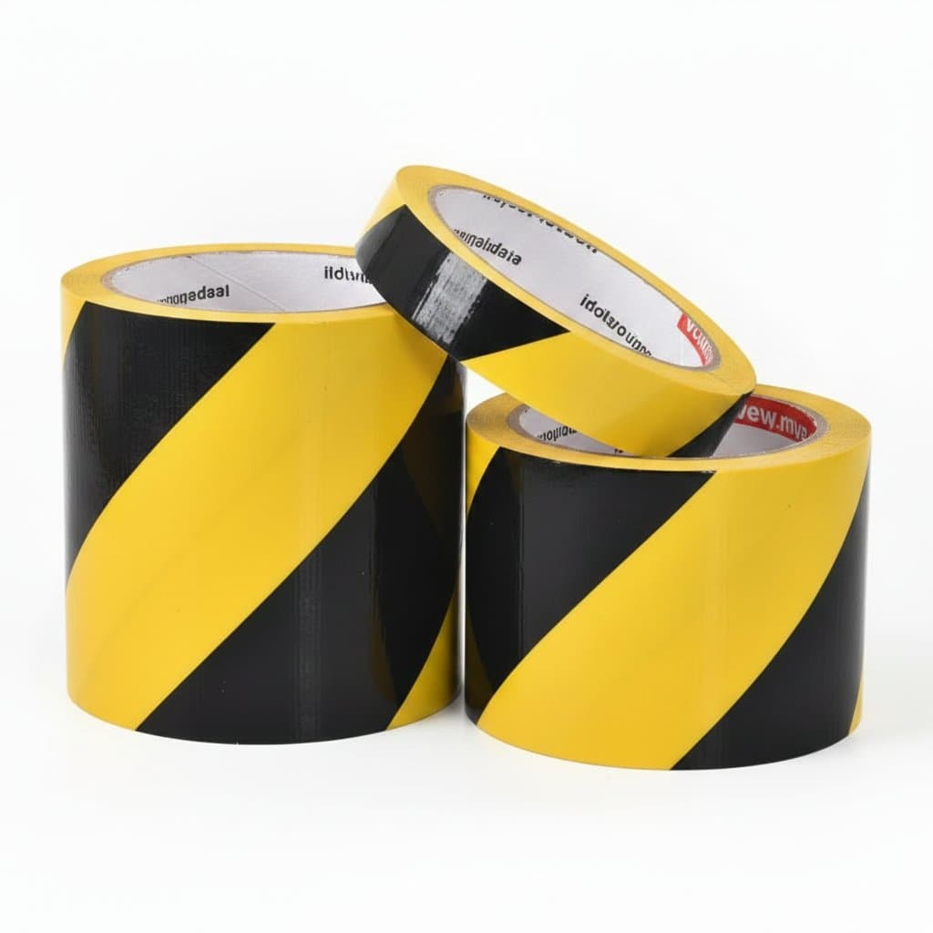 Floor Marking Tape Yellow & Black. A single roll of yellow and black striped tape.