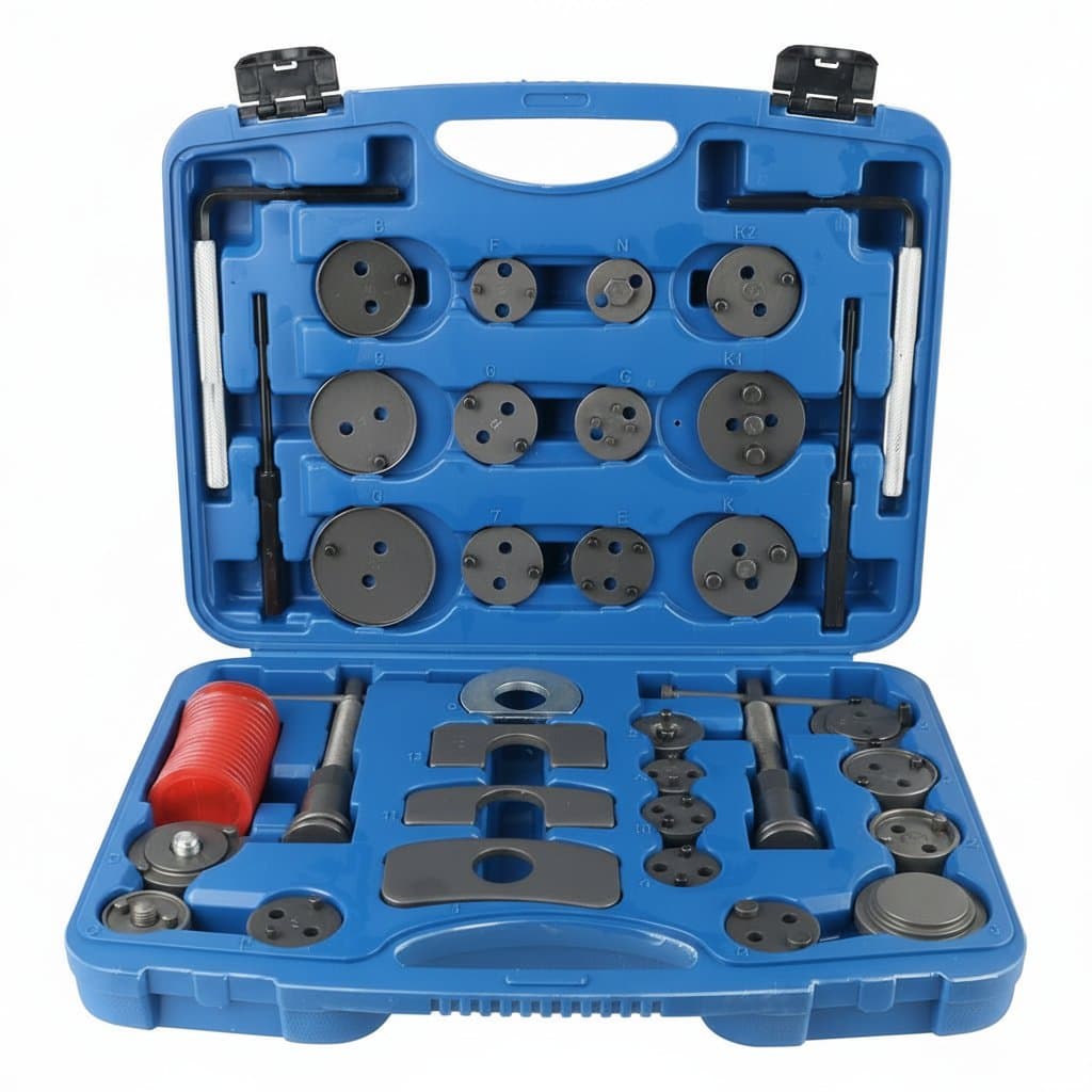 A comprehensive 22-piece set of car disc brake caliper rewind tools, essential for installing new brake pads and rotors.