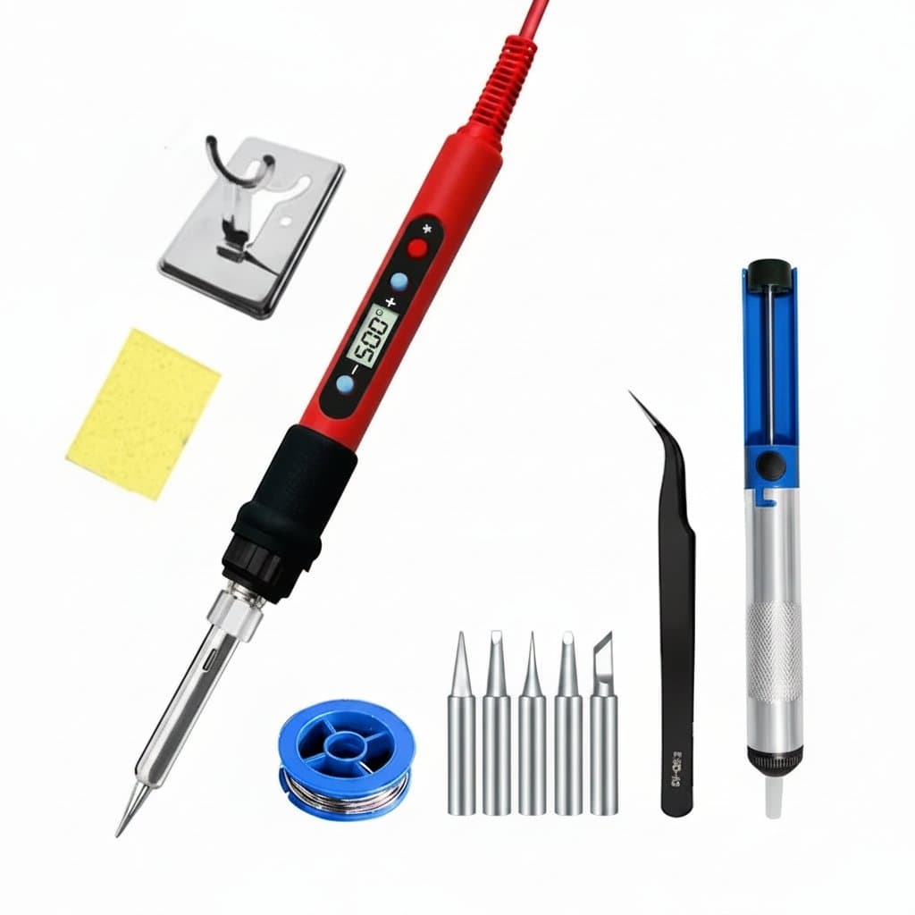 Professional 80W soldering iron kit with adjustable temperature LCD display, ceramic heating element, and included solder wire and tweezers.