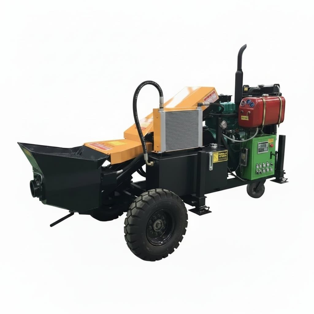A diesel concrete pump and grouting trailer with integrated mixer, designed for efficient concrete placement and repair.