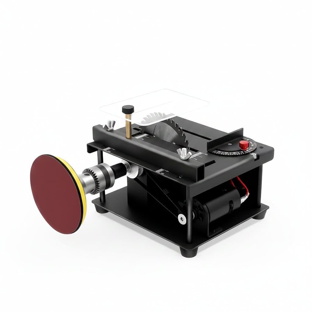 96W portable tabletop saw with two saw blades for cutting wood, steel, and aluminum at 9000 RPM, featuring a 0-45° bevel adjustment.