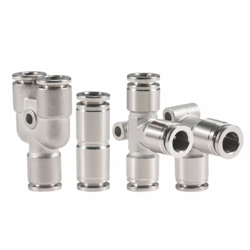 Stainless steel pneumatic quick coupling for 4mm to 16mm air hoses, featuring a push-to-connect design for easy installation.