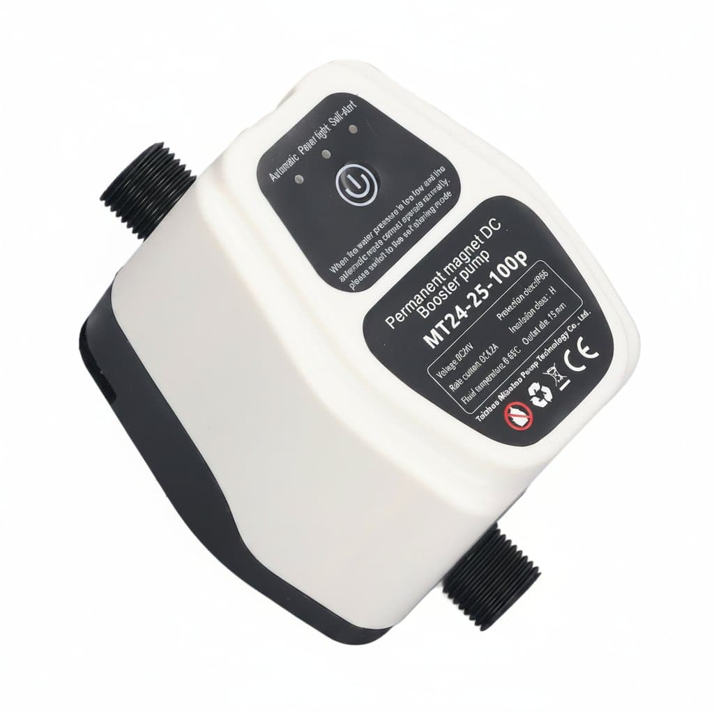 Booster pump with 100W power, 24V voltage, and 25L capacity for automatic water pressure boosting in homes, featuring intelligent sensing and quiet operation.