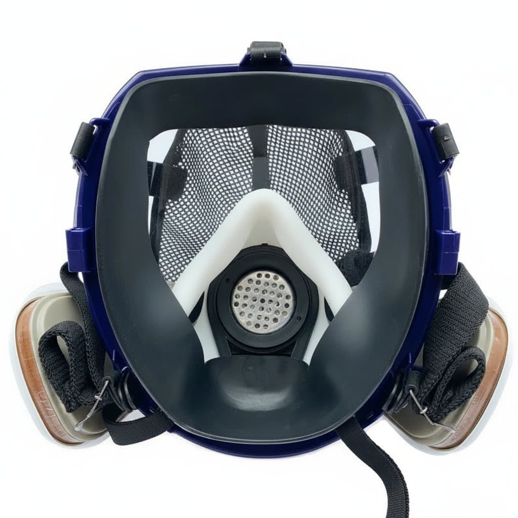 Full face gas mask respirator for chemical, biological, and radioactive protection, featuring a durable lens and filter system for industrial safety.