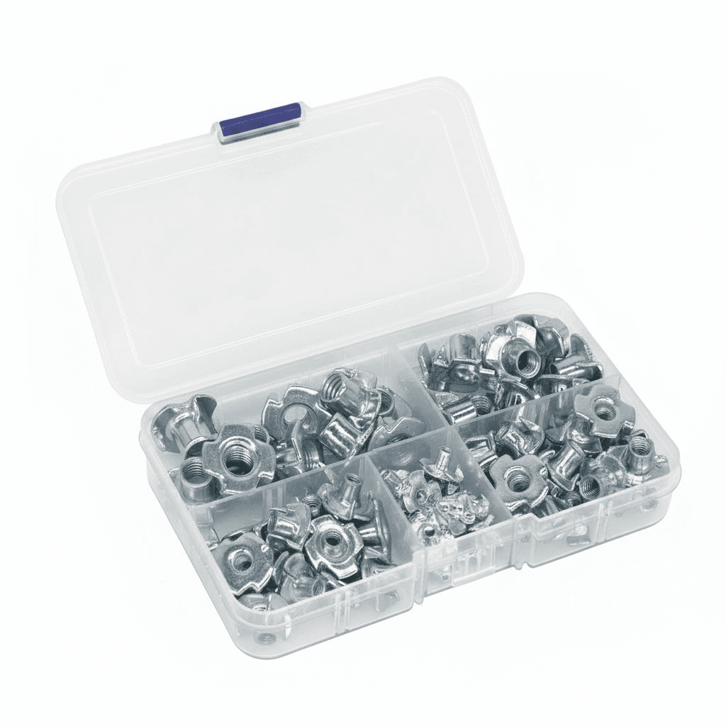 Galvanized four-claw impact nuts in assorted sizes (M3-M8) for wooden furniture maintenance, featuring four-point grip design.