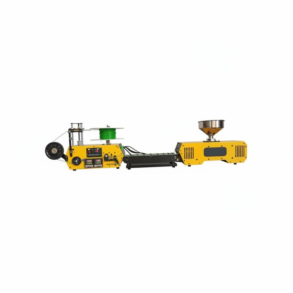 HT400 Extruder for producing 3D printer filament from PLA, PETG, ABS, or PA pellets with integrated winding system.