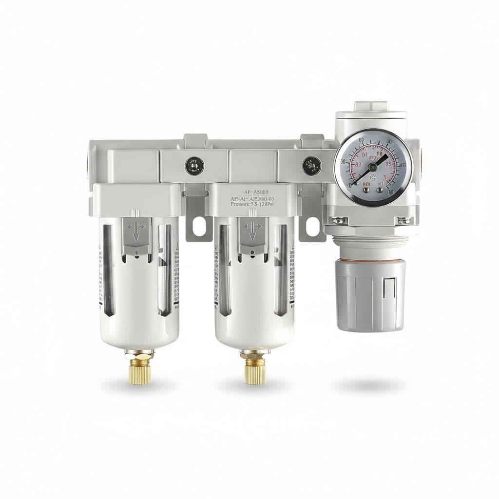 High-flow 3/8-inch air compressor filter with metal bowl and pressure gauge for clean, dry air in workshops and garages.