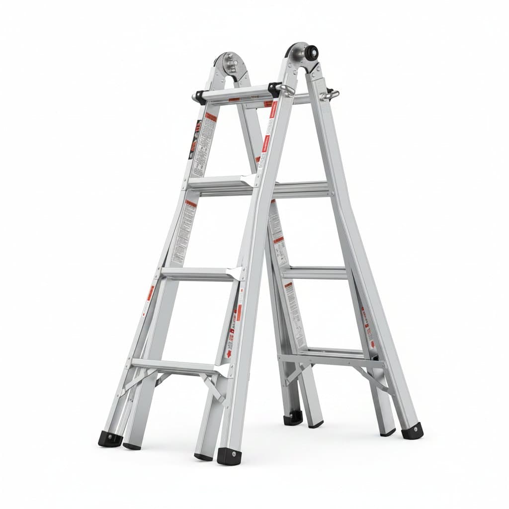 Multipurpose aluminum ladder featuring a double A-frame structure and telescopic functionality for versatile use.