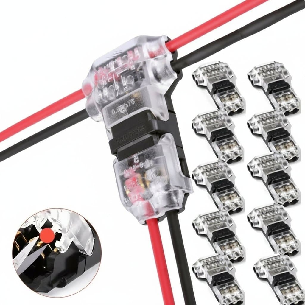 T2 quick splice electrical connectors in a pack of 5, 10, or 20 pieces, showing the no-solder, no-peel design for fast wire joining.