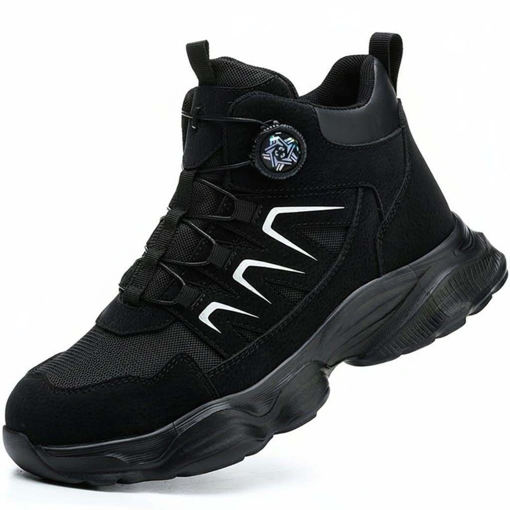 Steel toe cap safety boots with hammer, protective toe cap, and nails graphic.