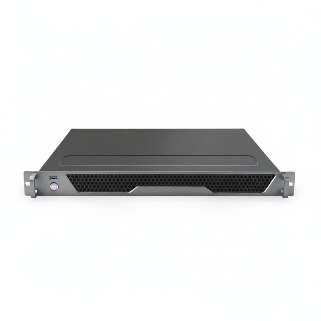 Intelligent 1U industrial computer rack server with a rugged metal chassis, front panel I/O ports, and cooling vents for automation control.