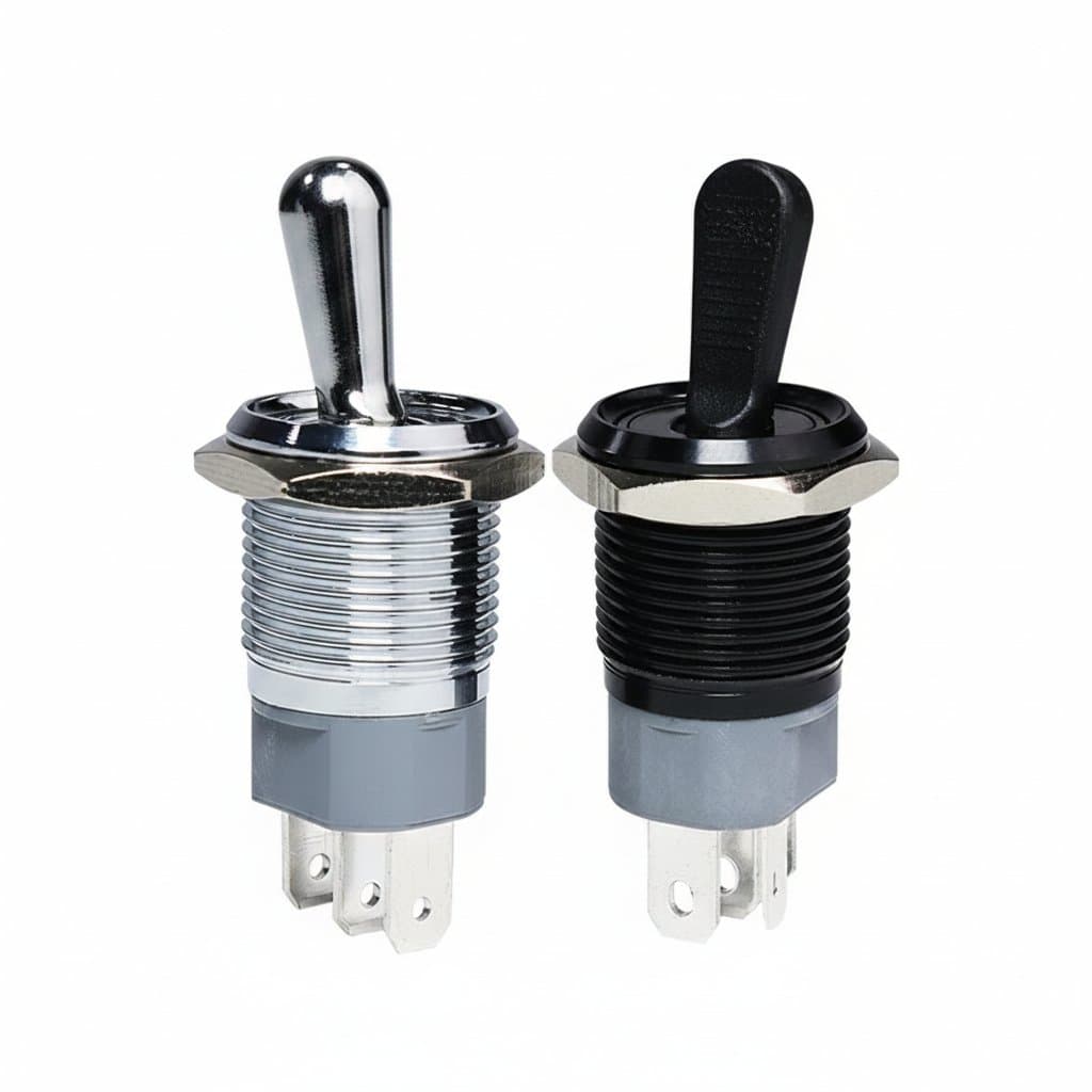 Waterproof 16MM metal toggle switch with LED light, self-locking 2-position On/Off operation for 12V-220V industrial electrical panels.