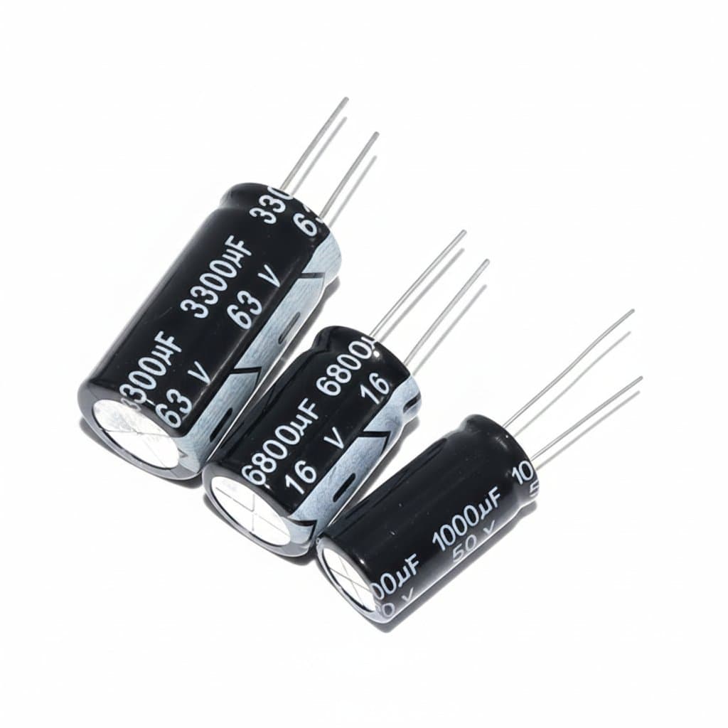 5-pack of 16V 6800uF aluminum electrolytic capacitors, 16x25mm size, for power supply and audio circuit applications.