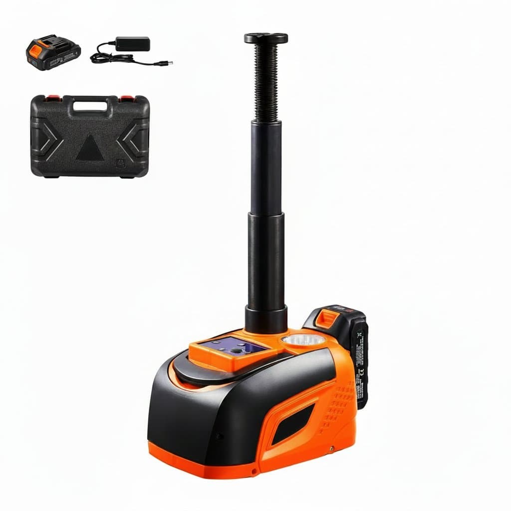 SucceBuy 5-Ton Electric Car Jack with remote control and LED light, shown lifting a large SUV tire for easy changing.