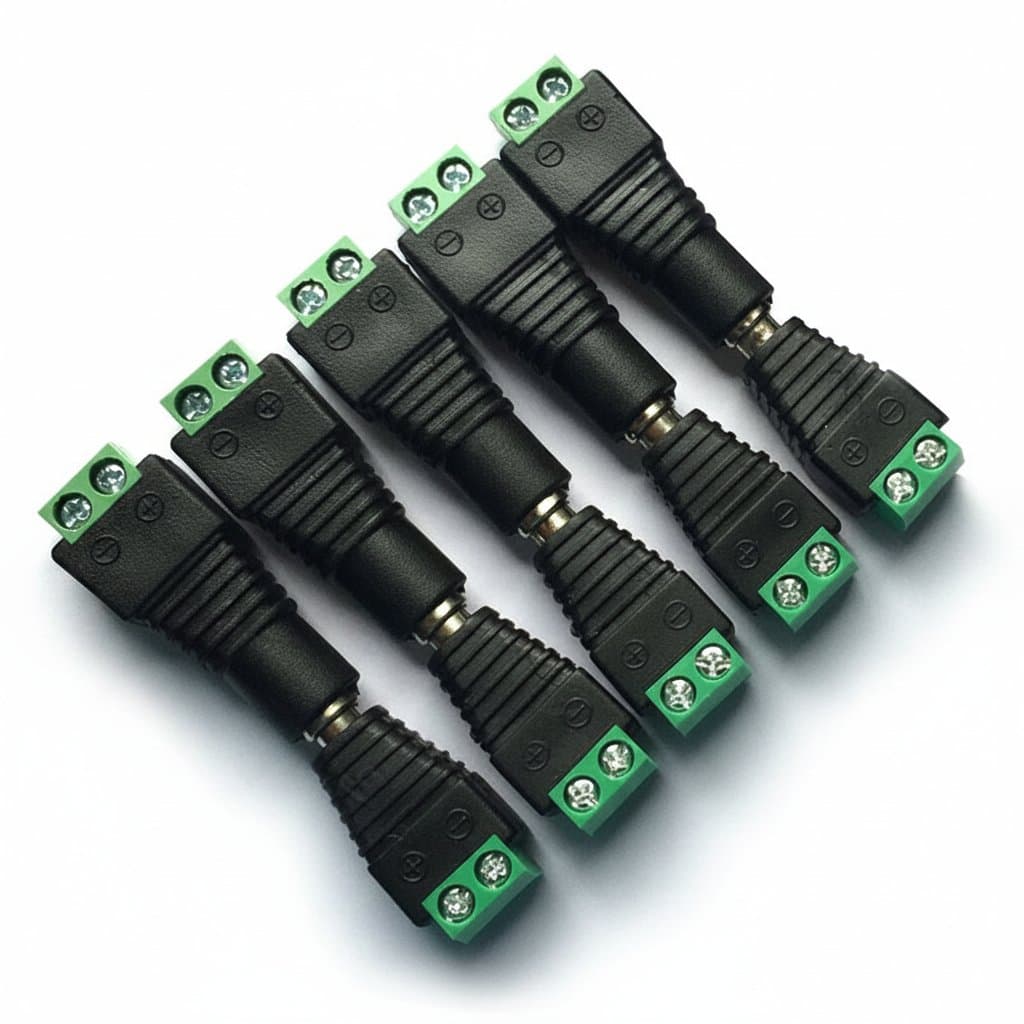 Male to Female DC power jack adapter with 5.5mm x 2.1mm barrel plug for 5V or 12V CCTV cameras and LED strips.