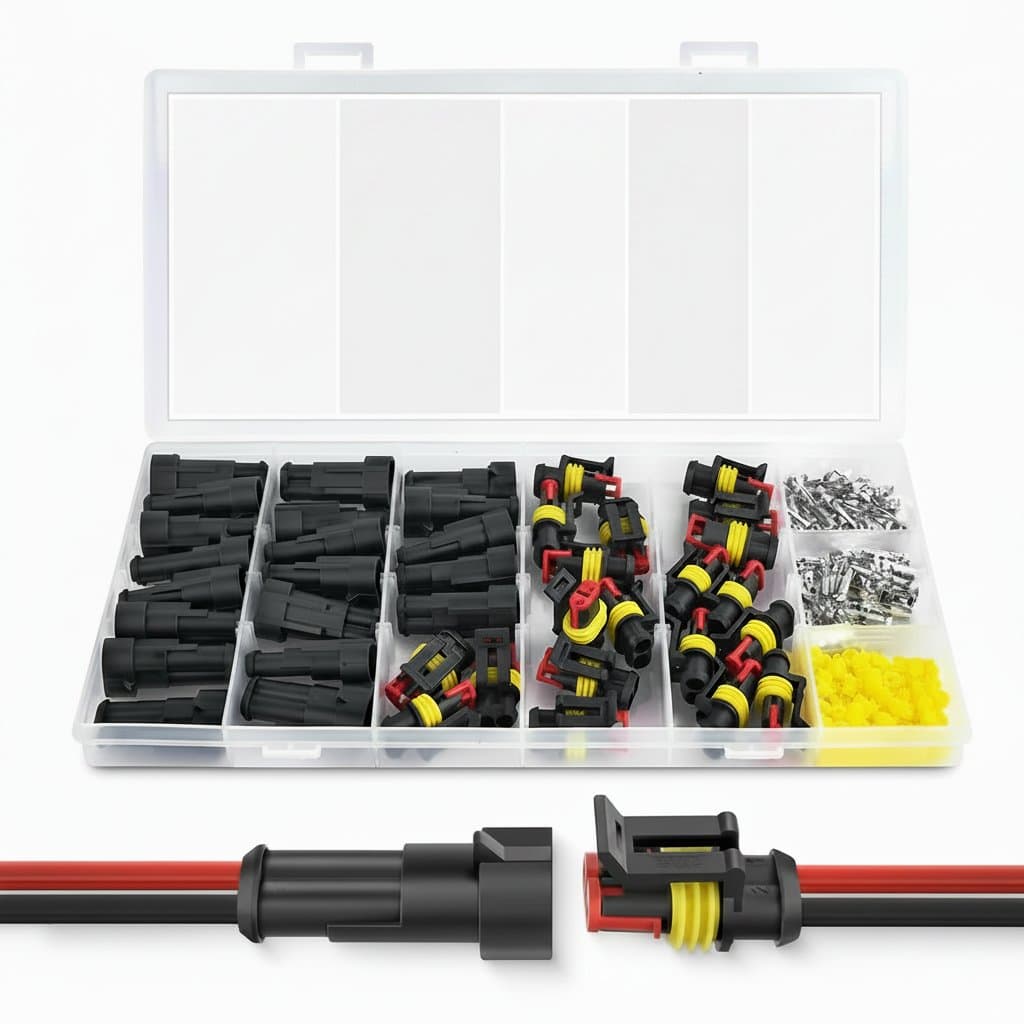 200PCS 2-pin waterproof electrical connector kit with male and female terminals for automotive and wire connection projects.