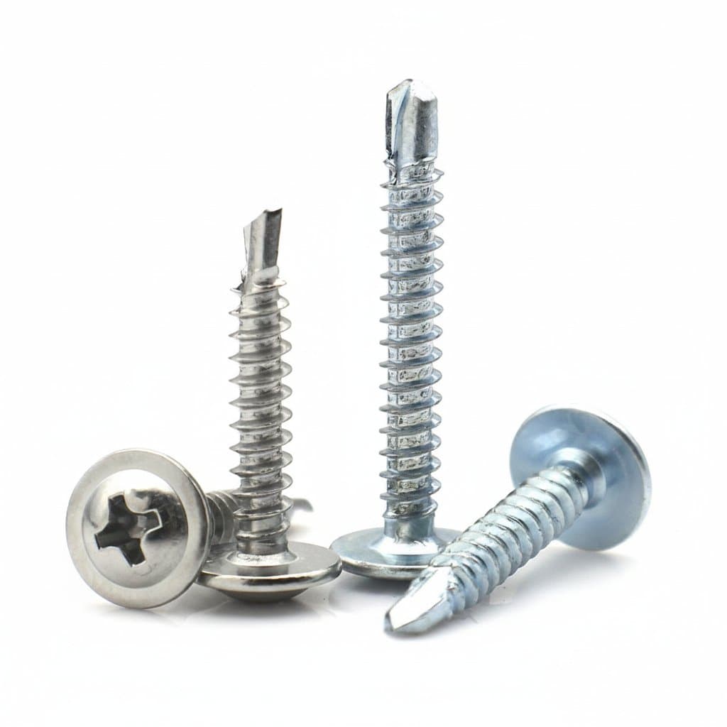 Pack of 10 or 20 stainless steel or carbon steel Phillips truss head self-drilling screws with washers for metal roofing installation.