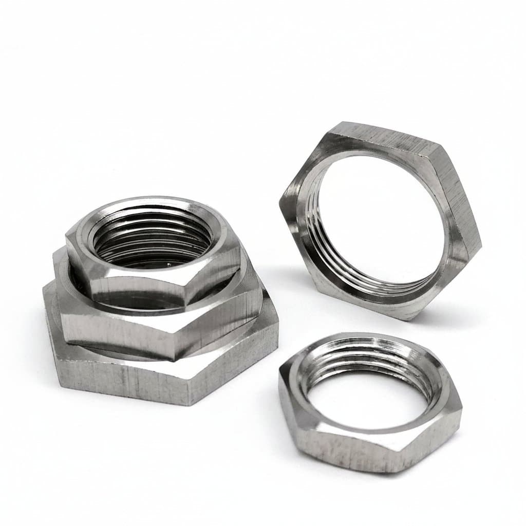 Fine thread hex lock nuts in sizes M8 to M40 with 1mm or 1.5mm pitch, made from 304 A2-70 stainless steel for plumbing applications.