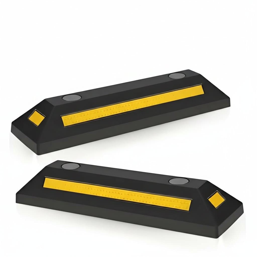 A pair of black rubber wheel chocks with yellow reflective stripes, designed for secure garage parking.