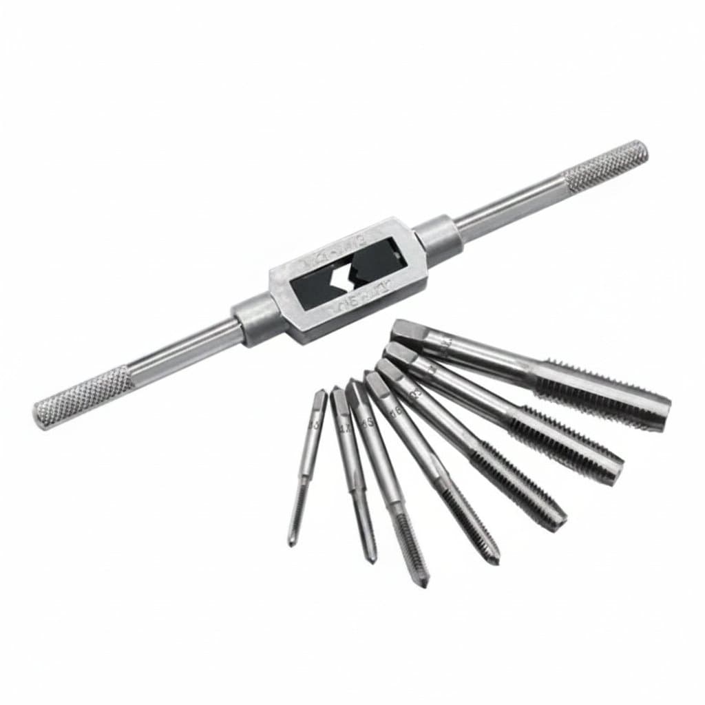 Adjustable T-handle tap wrench set with high-speed steel metric taps, screwdriver, and drill holder for precision thread cutting.
