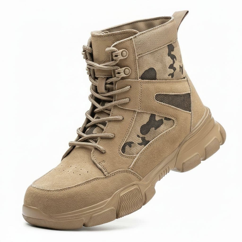 Steel Toe Cap Safety Boots, a pair of black and yellow work boots.