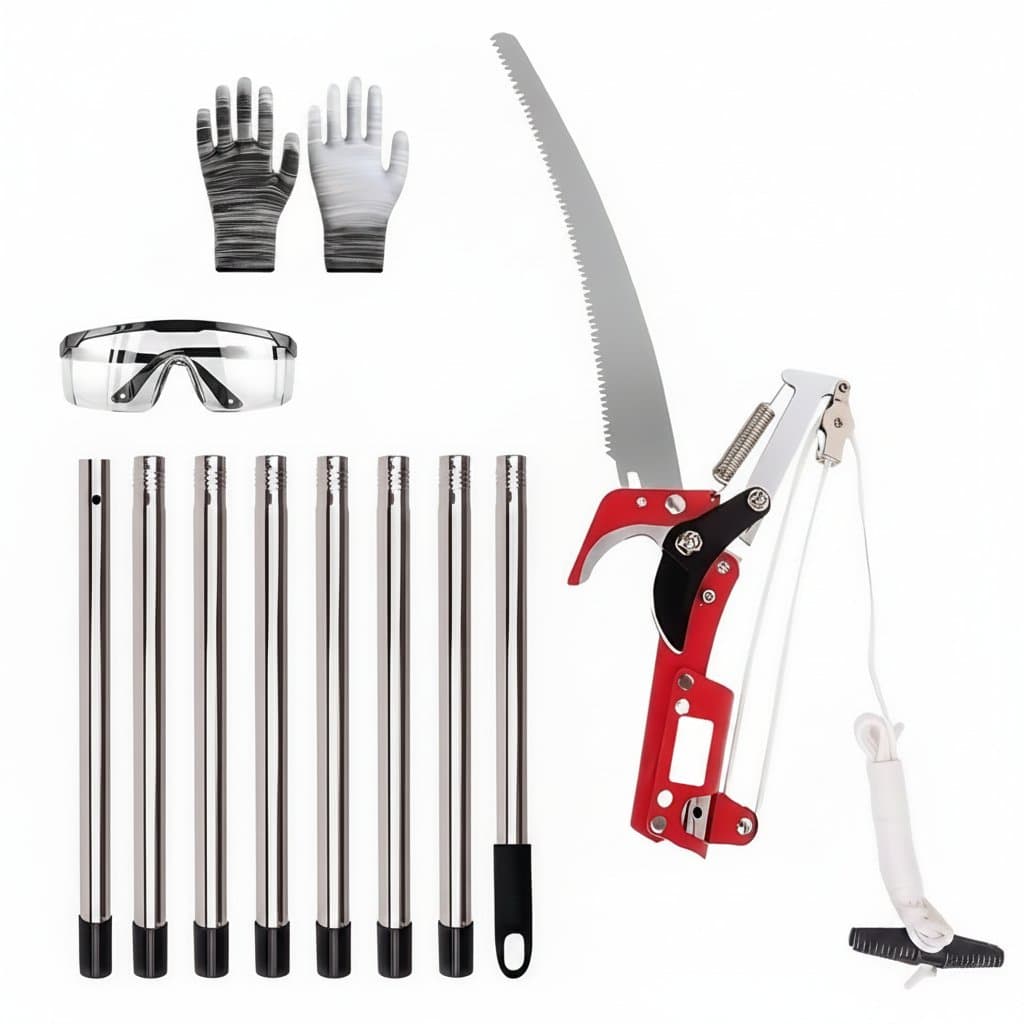 Secateurs and other gardening tools, including a pole saw, gloves, and safety glasses.
