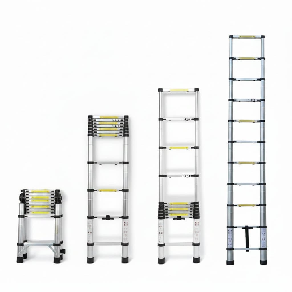 Aluminum telescopic ladder extending 2.6-5 meters, featuring anti-slip rungs, easy portability, and a 150 kg load capacity for loft, attic, and outdoor use.