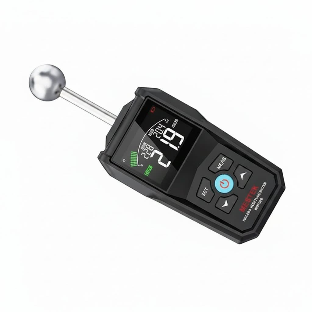 MASTFUYI Universal Moisture Meter with color LED alert for wood, drywall, and concrete, showing 0-60% range on its digital display.