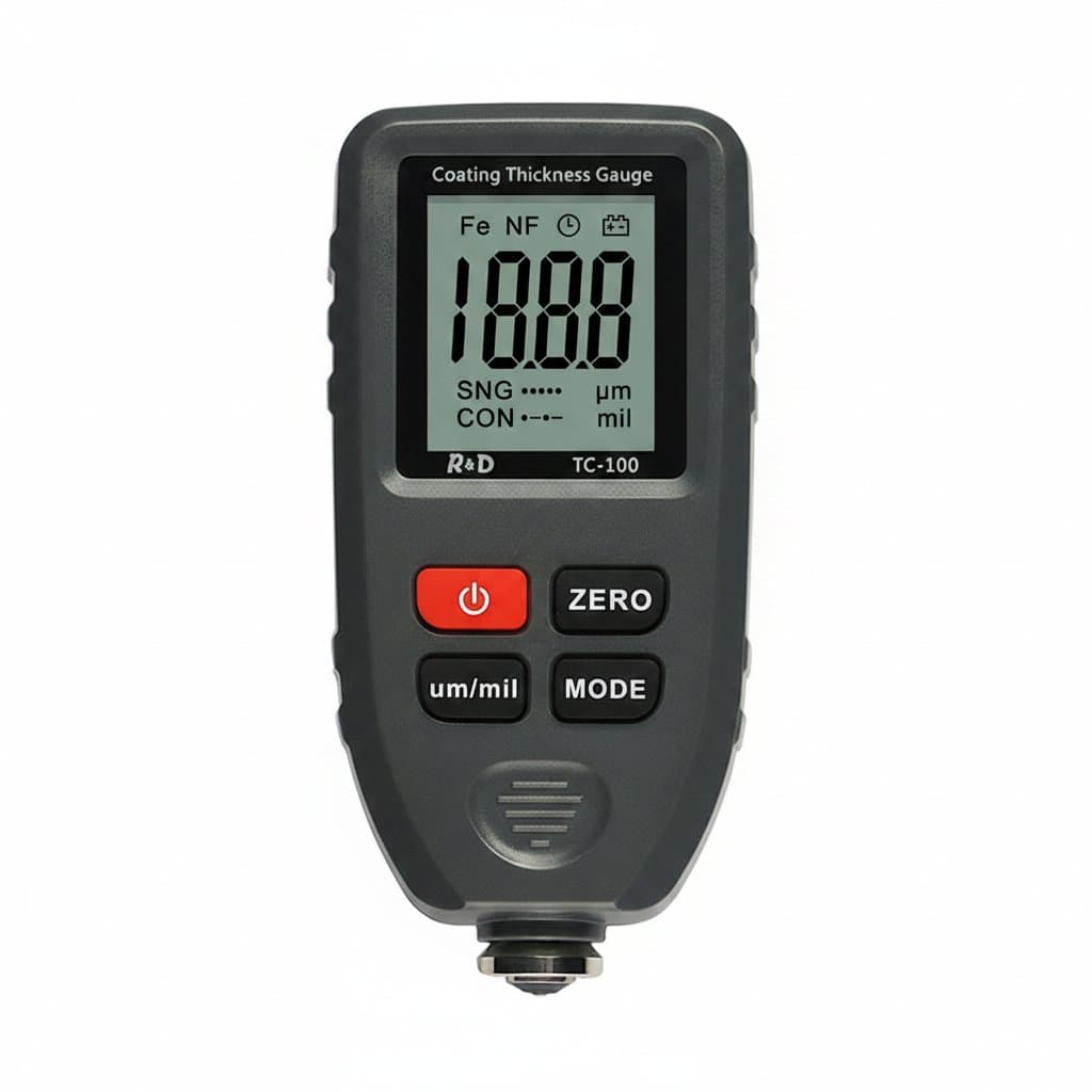 TC100 automobile paint thickness gauge for measuring coating thickness from 0-1300 microns with 0.1 micron precision on both ferrous and non-ferrous surfaces.