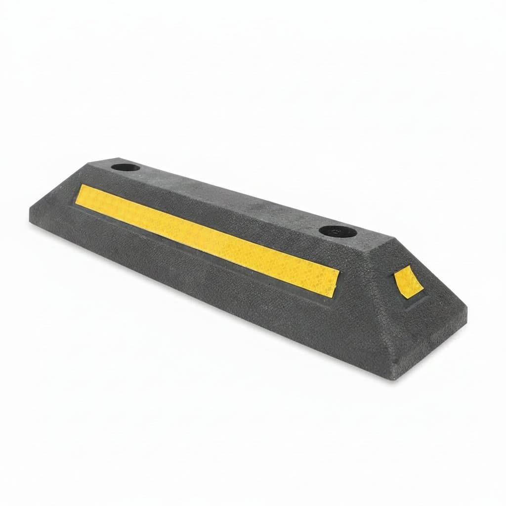 A pair of durable black rubber wheel chocks, reinforced for secure parking and preventing vehicle movement.