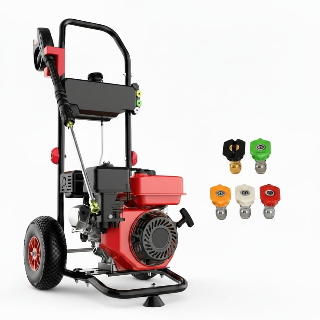PowerSmart gas pressure washer with 3400 PSI, 2.5 GPM flow, 212cc engine, onboard soap tank, metal spray wand, and 5 nozzles.