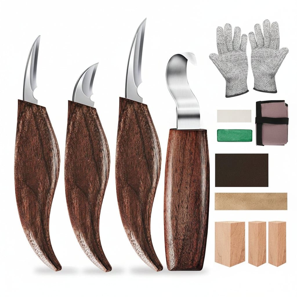 Professional wood carving tools set with 12 durable chisels and knives for detailed DIY woodworking and hand carving projects.