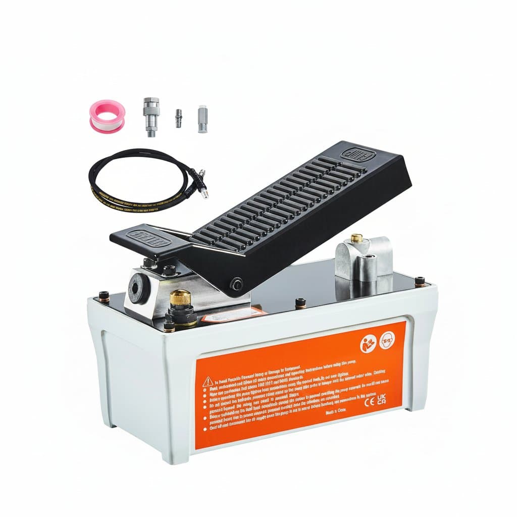 SucceBuy air-powered hydraulic pump delivering 10,000 PSI with 1/2 gallon reservoir and foot treadle actuator for auto body frame repair.