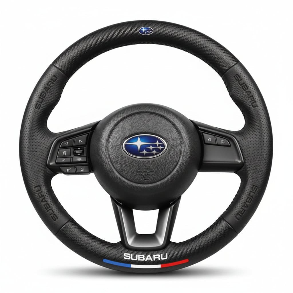 An ultrathin carbon fiber leather steering wheel cover for Subaru Outback, BRZ, WRX, and other models, providing anti-slip grip.
