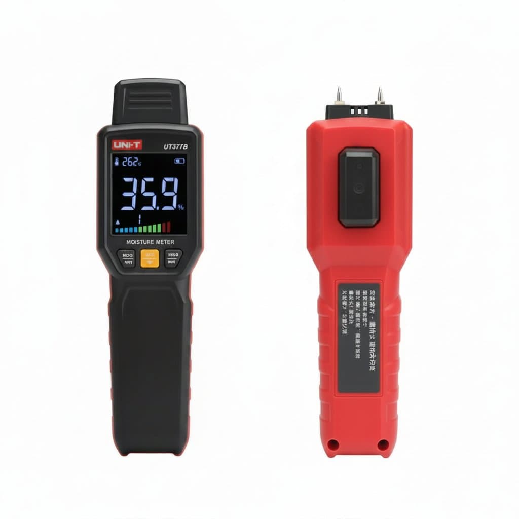 UNI-T UT377B Pin Moisture Meter for wood and building materials, featuring a backlit LCD screen and protective cap.