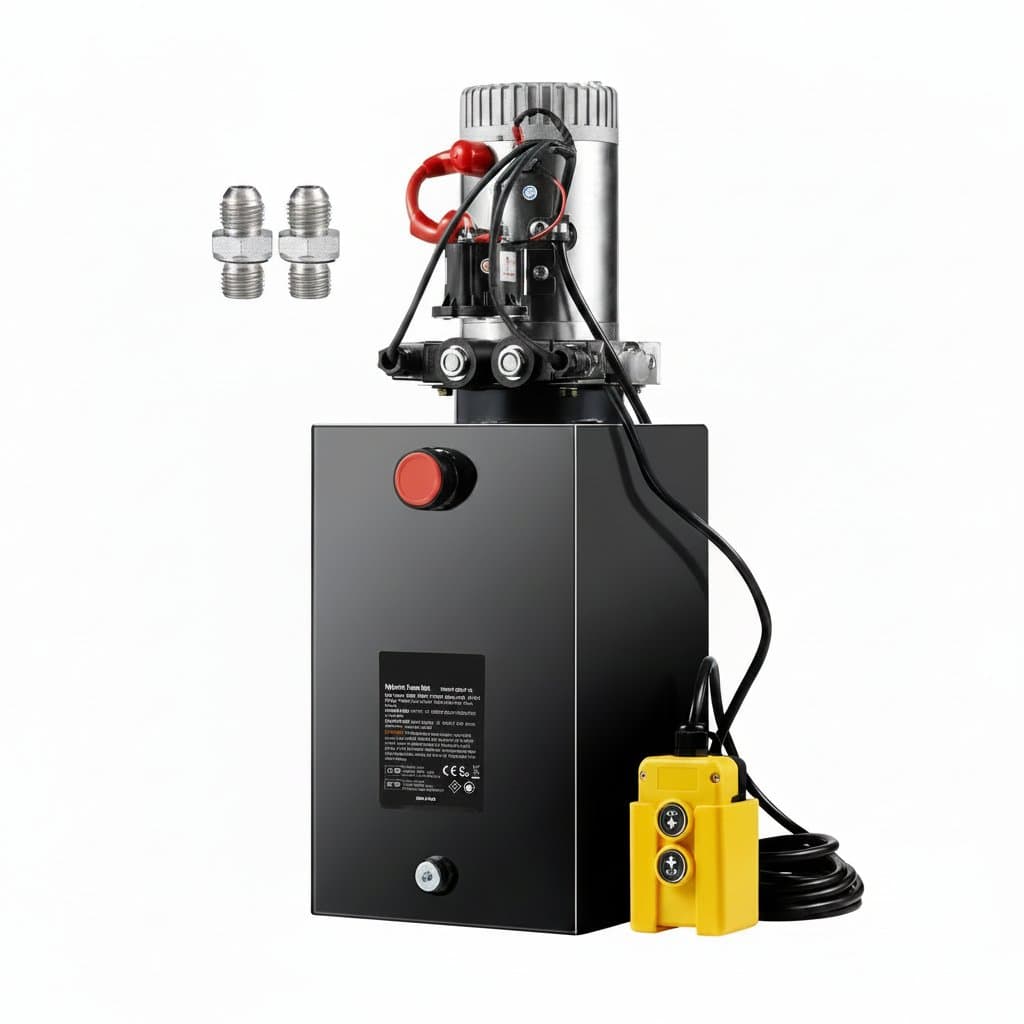 12V DC hydraulic power unit with 15-quart reservoir, double-acting pump, 0.91 GPM flow for dump trailer and hydraulic applications.