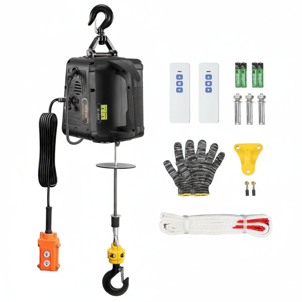 SucceBuy 1100lbs 3-in-1 Electric Hoist Winch with wired, wireless, and manual operation modes for heavy lifting tasks.