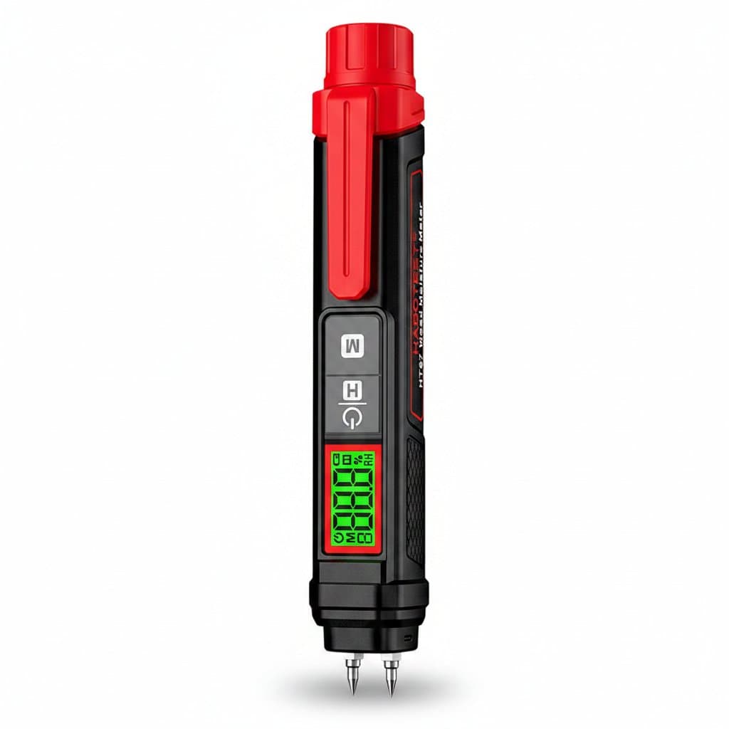 Digital pen-type wood moisture meter for timber, concrete, cement, and brick, with damp detection and water content measurement.